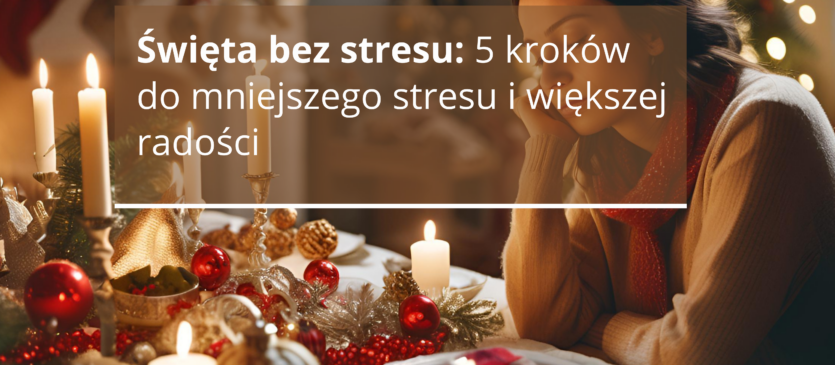 Kobieta przy stole świątecznym ma zatroskaną twarz i jest smutna.