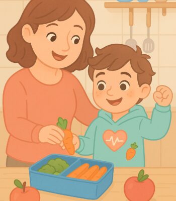 Misja zdrowie misja zdrowie: obrazek przestawiający mame i synka pakujacych sniadaniówkę ze zdrowymi przekąskami